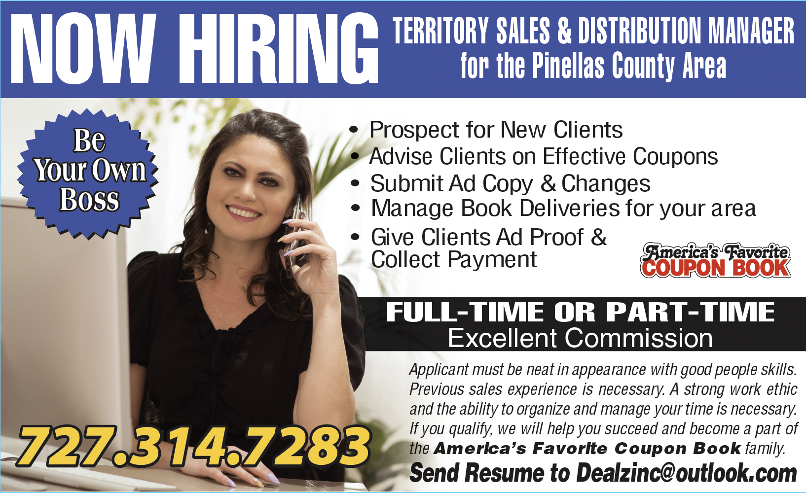 Hiring ad for America's Favorite Coupon Book — Now Hiring from America's Favorite Coupon Book
