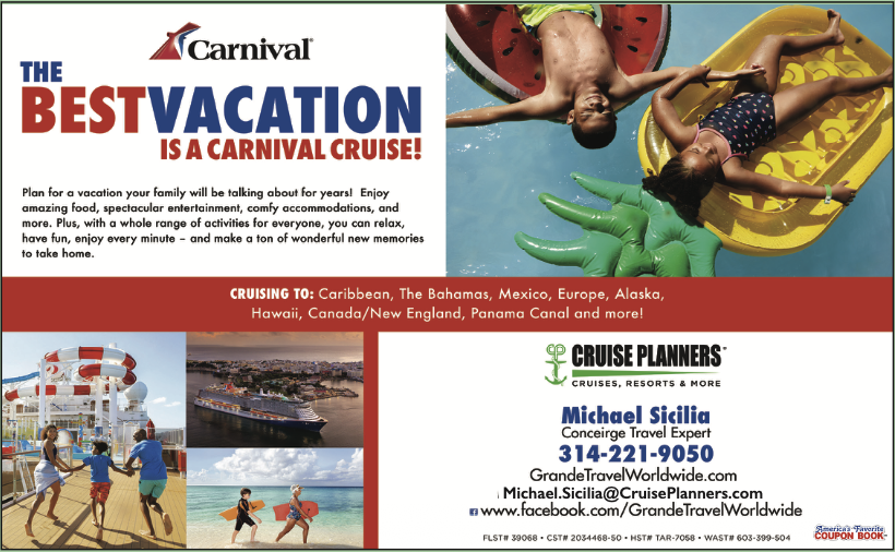 America's Favorite Coupon Book ad for GrandeTravelWorldwide.com — Budget Friendly, Concierge Travel Advisors (Carnival Cruise)