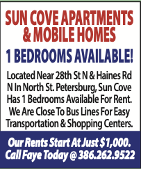 Past ad for Sun Cove Apartments & Mobile Homes — 1 Bedrooms Available