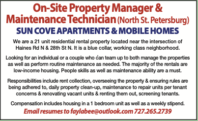 Hiring ad for Sun Cove Apartments & Mobile Homes — On-Site Property Manager from America's Favorite Coupon Book