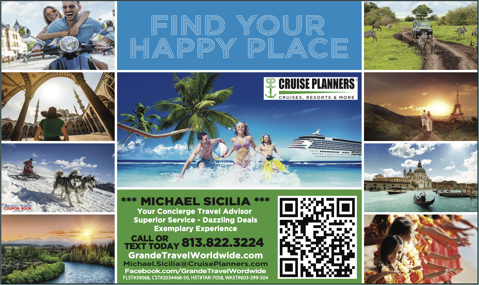 America's Favorite Coupon Book ad for GrandeTravelWorldwide.com — Budget Friendly, Concierge Travel Advisors (Find Your Happy Place)