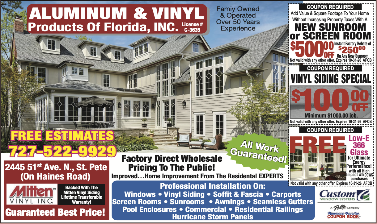 America's Favorite Coupon Book ad for Aluminum & Vinyl Products of Florida, Inc.