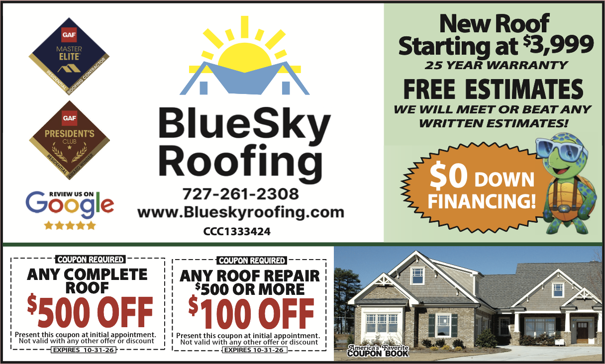America's Favorite Coupon Book ad for BlueSky Roofing
