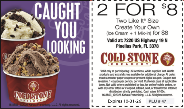 America's Favorite Coupon Book ad for Cold Stone Creamery (2 for $8)