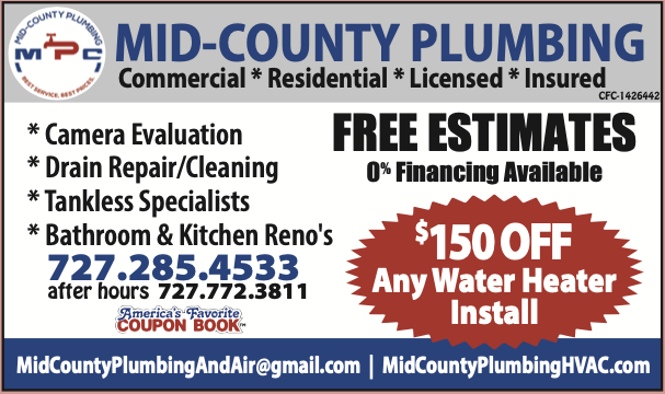 America's Favorite Coupon Book ad for Mid-County Plumbing