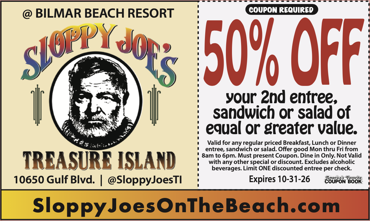 America's Favorite Coupon Book ad for Sloppy Joe's Treasure Island