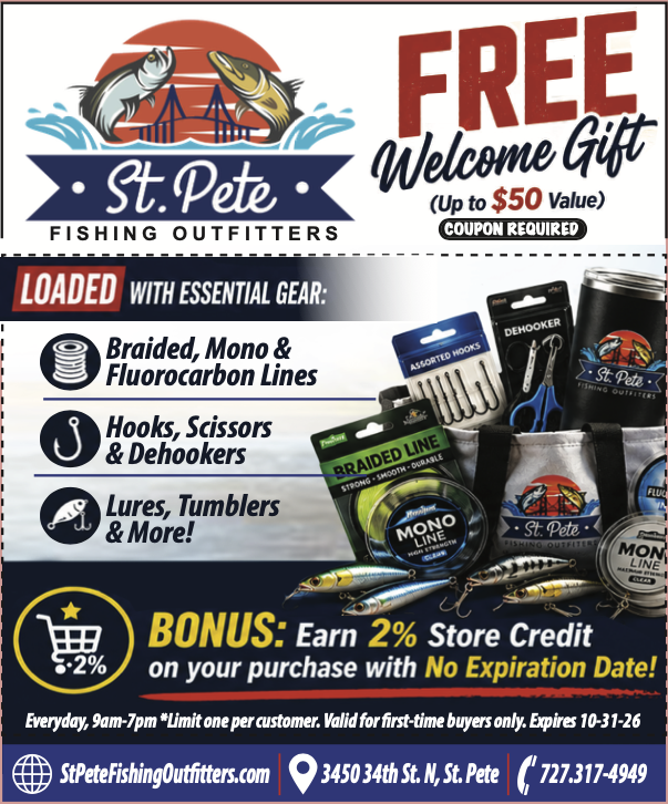 America's Favorite Coupon Book ad for St. Pete Fishing Outfitters — Free Welcome Gift