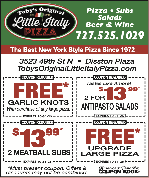 America's Favorite Coupon Book ad for Toby's Original Little Italy Pizza