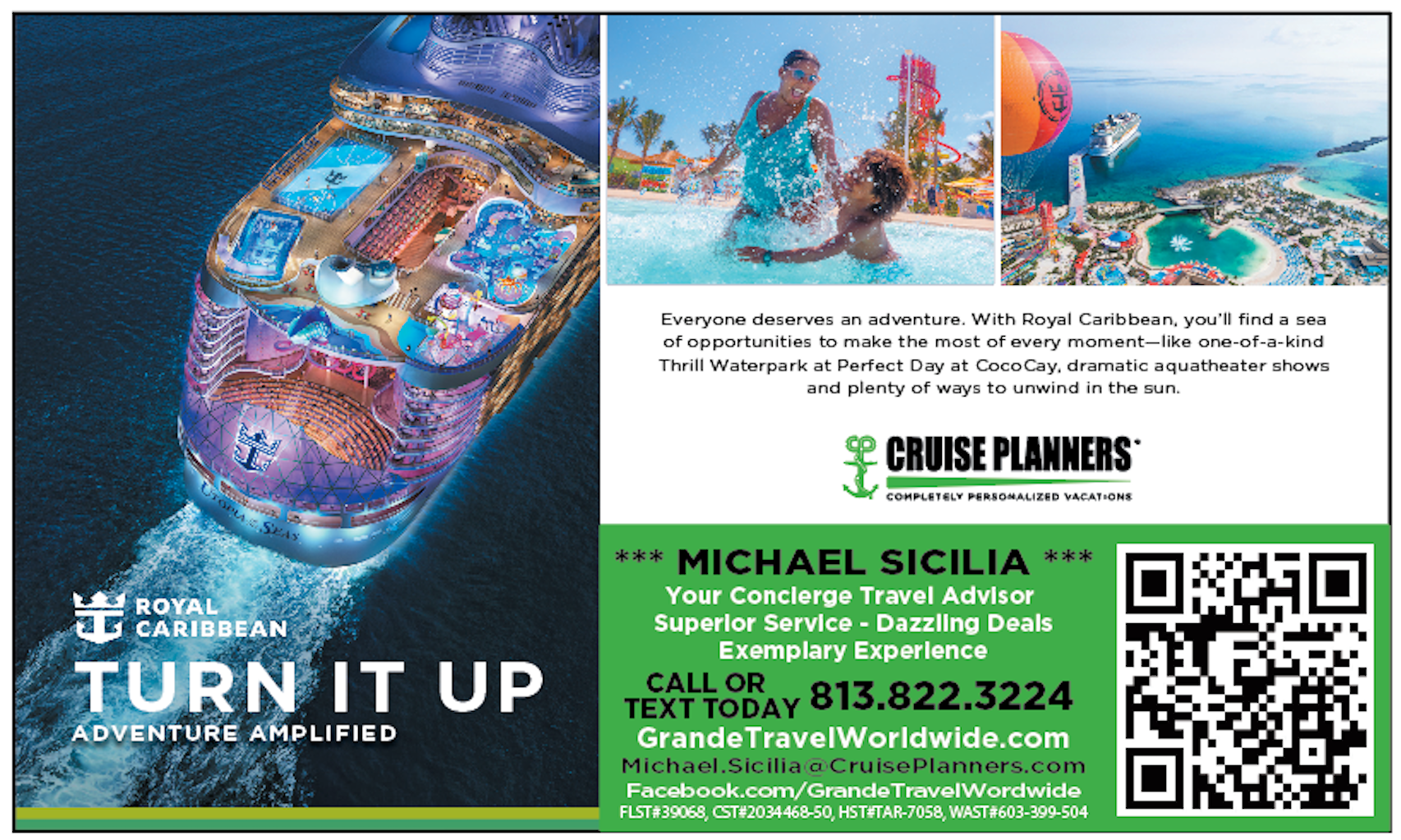 America's Favorite Coupon Book ad for GrandeTravelWorldwide.com — Budget Friendly, Concierge Travel Advisors (Royal Caribbean)